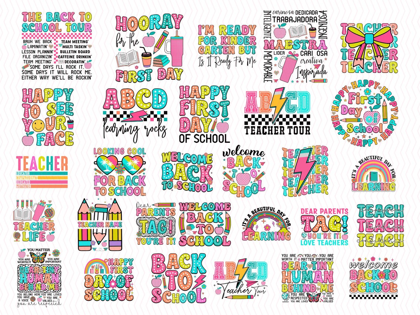 Retro Back to school Bundle png, First Day Of School, Teacher Bright Doodles, Teacher Appreciation, Inspirational Teac