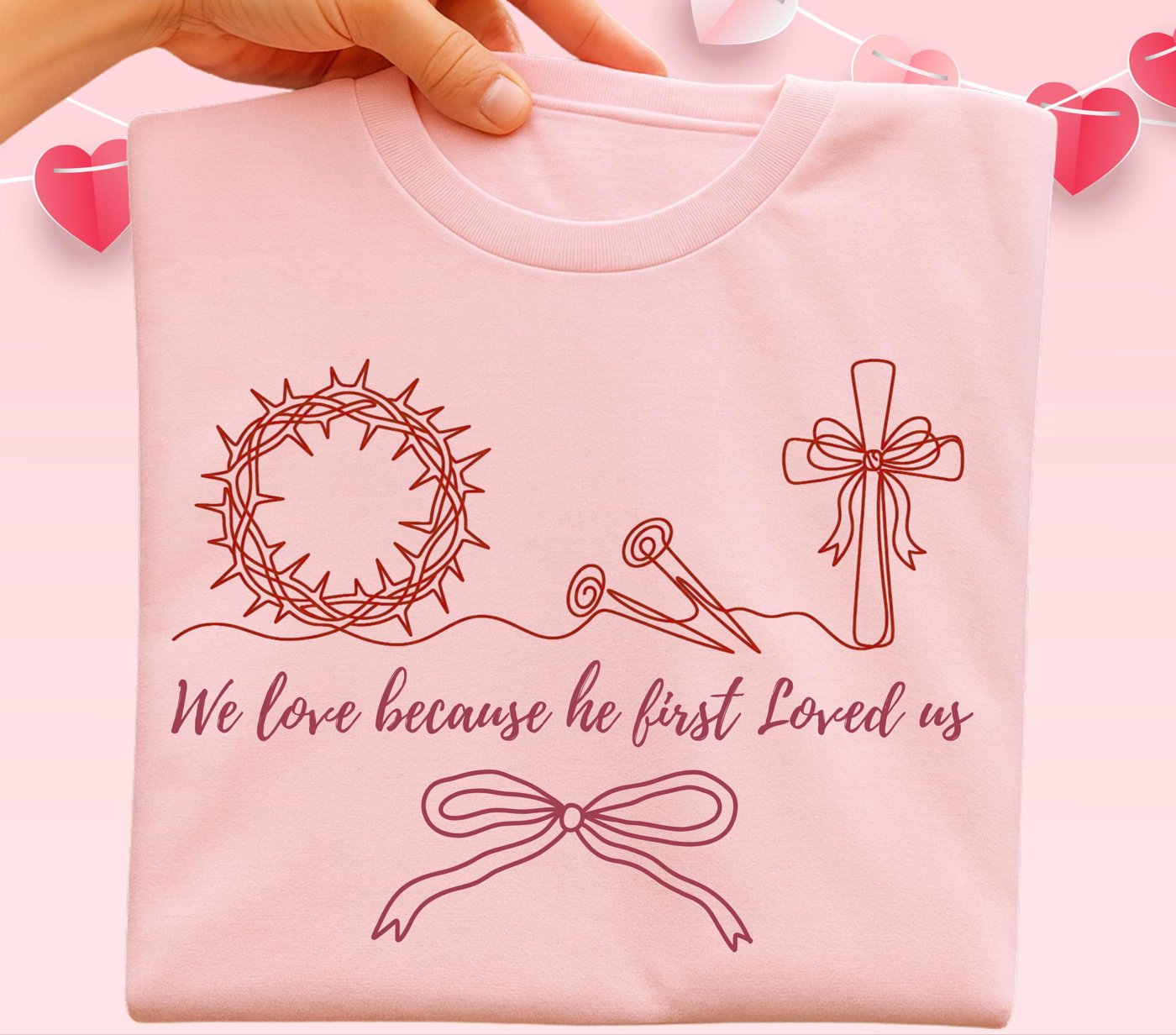 Valentine we love because he first loved us PNG, Pink Red Heart Coquette Design, Valentines day png, Retro Girly Valenti