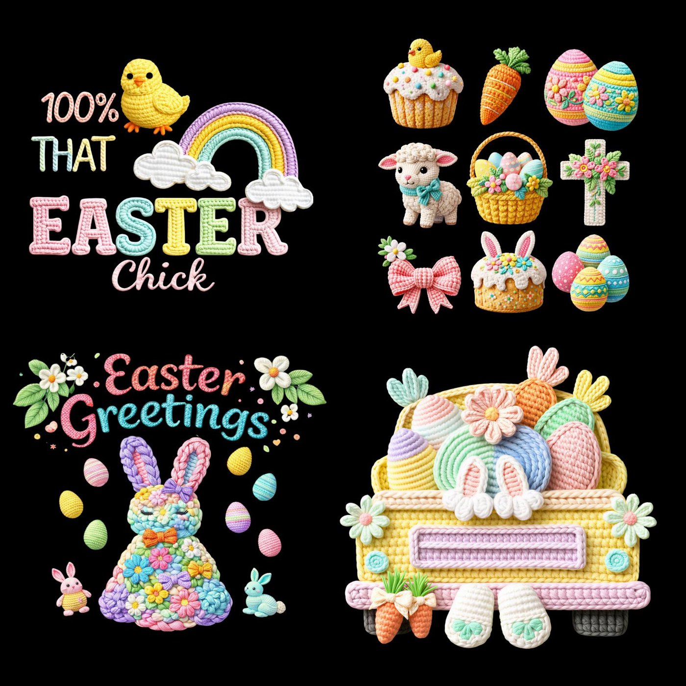 Easter PNG Bundle Faux Yarn Egg Hunter Bunny He Is Risen Be Hoppy Easter Day Mama Mini Chilling Peeps Crochet Coquette B