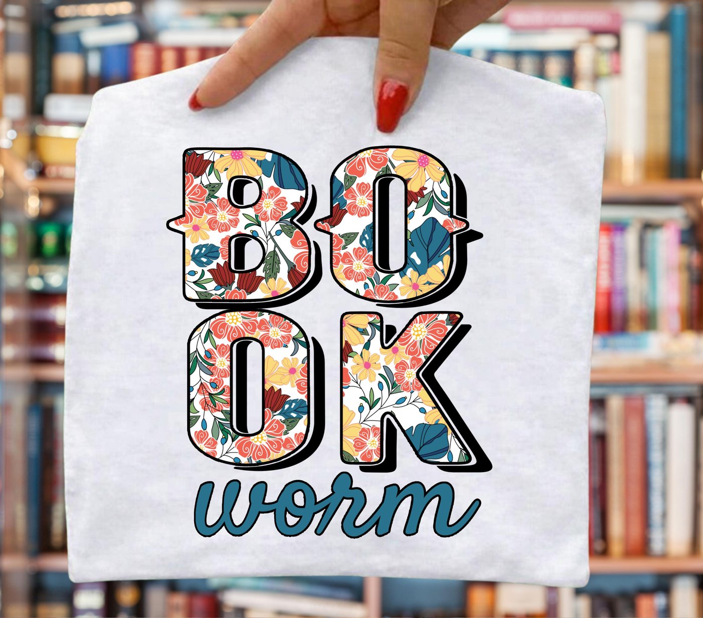 Book Worm Book Lovers Design | , Apparel, and Home Decor, Vintage Floral Bookshelf PNG for DIY Projects