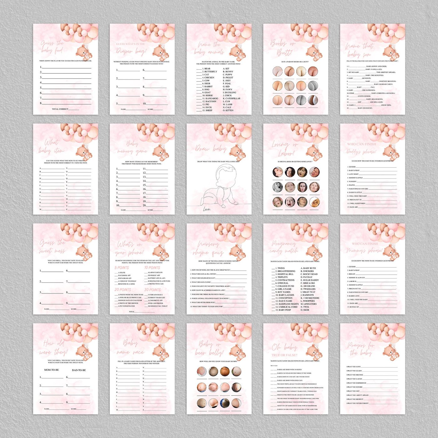 Teddy Bear Baby Shower Games, Girl Baby Shower Games Bundle, Pink Balloon Shower Games, Printable Baby Shower Games, Vir