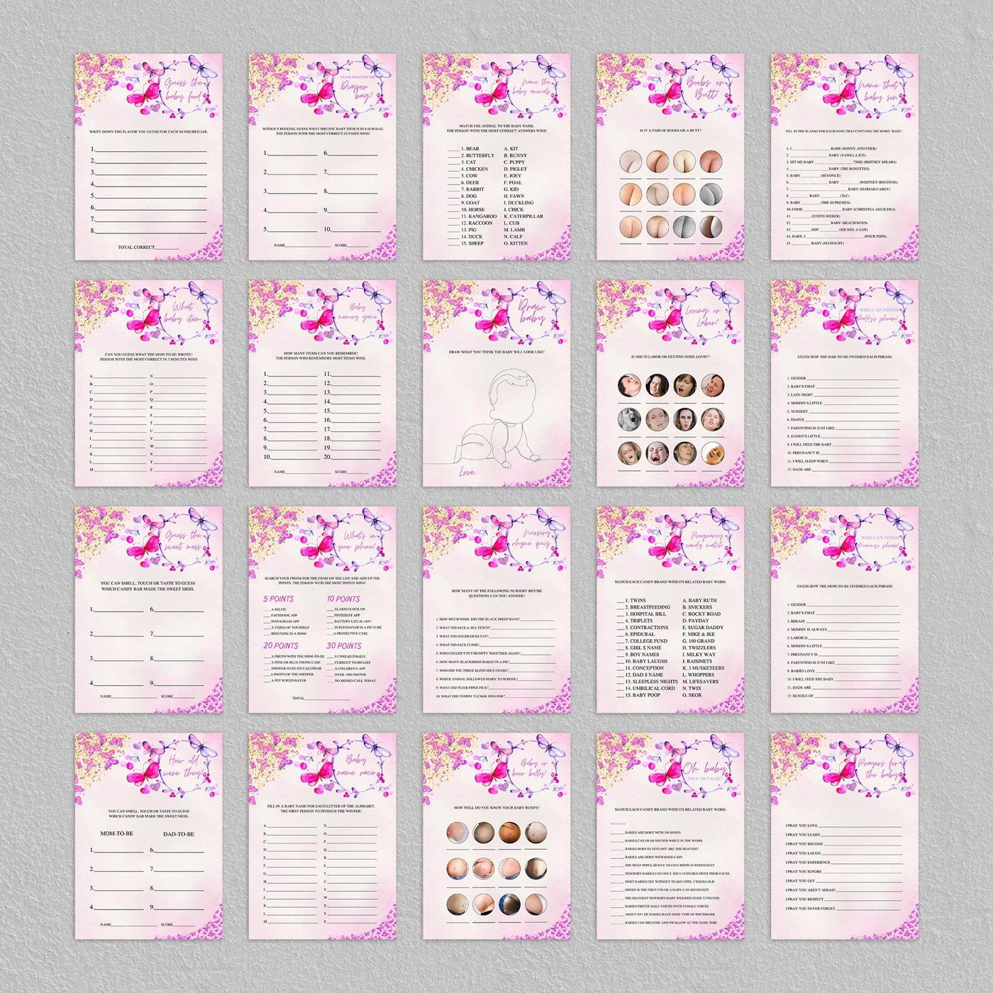 Butterfly Baby Shower Game Package,8 Printable Pink Butterfly Baby Shower Games Party Pack, Butterfly Printable Games Bu