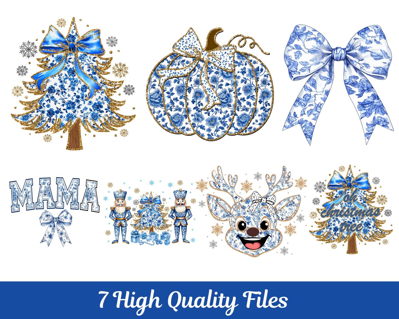 Coquette Glitter Chinoiserie Christmas Png Bundle, Christmas Toile Png, Blue Floral Bow, Preppy Christmas Png, Coquette