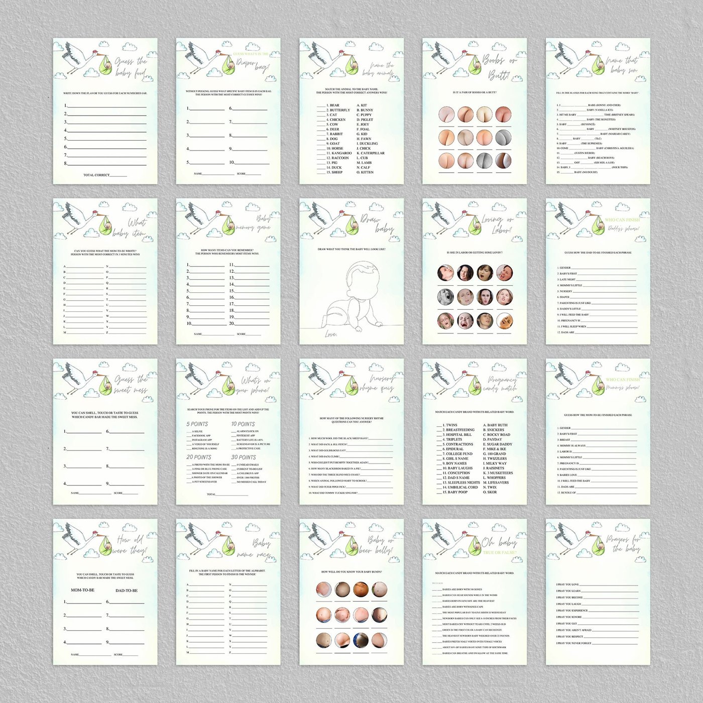 60 Printable Stork Baby Shower Games Bundle, Special delivery baby shower games, Stork with baby in blanket, Gender Neut