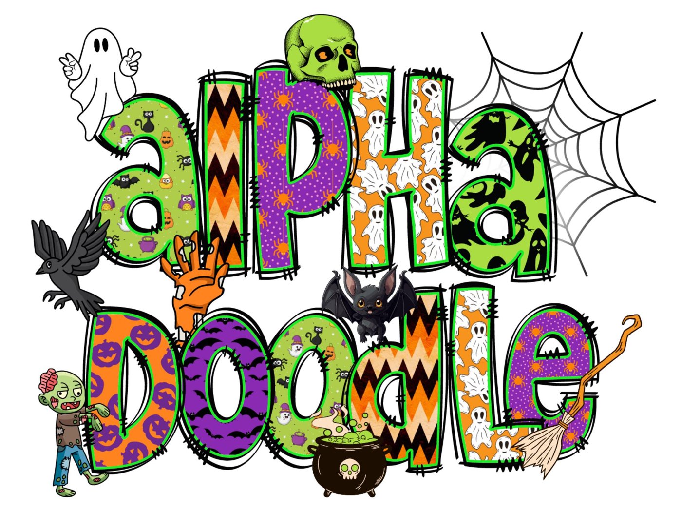 Halloween Custom name alpha Doodle Bundle letters with Clip Art PNG Files, Doodle Alpha Bundle, Halloween Clipart Alphab