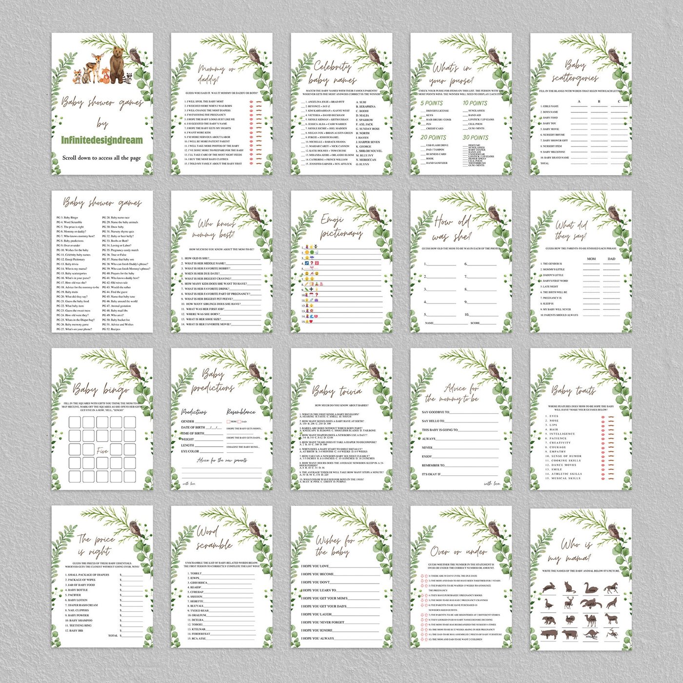 Baby Shower Games Bundle, Printable Baby Shower Game Pack, Woodland Animals Editable Games, Forest Animals Baby Shower P