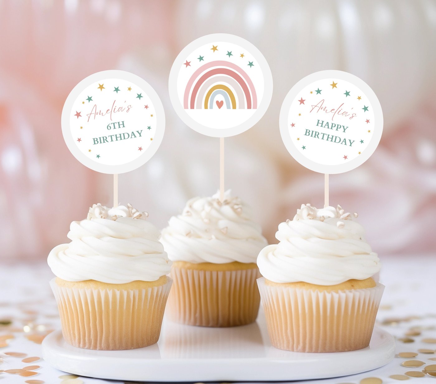 Editable Bundle of Rainbow Birthday Invitation for Girls, Gold Stars Modern/Boho Rainbow, Fun Girls Birthday Invitation