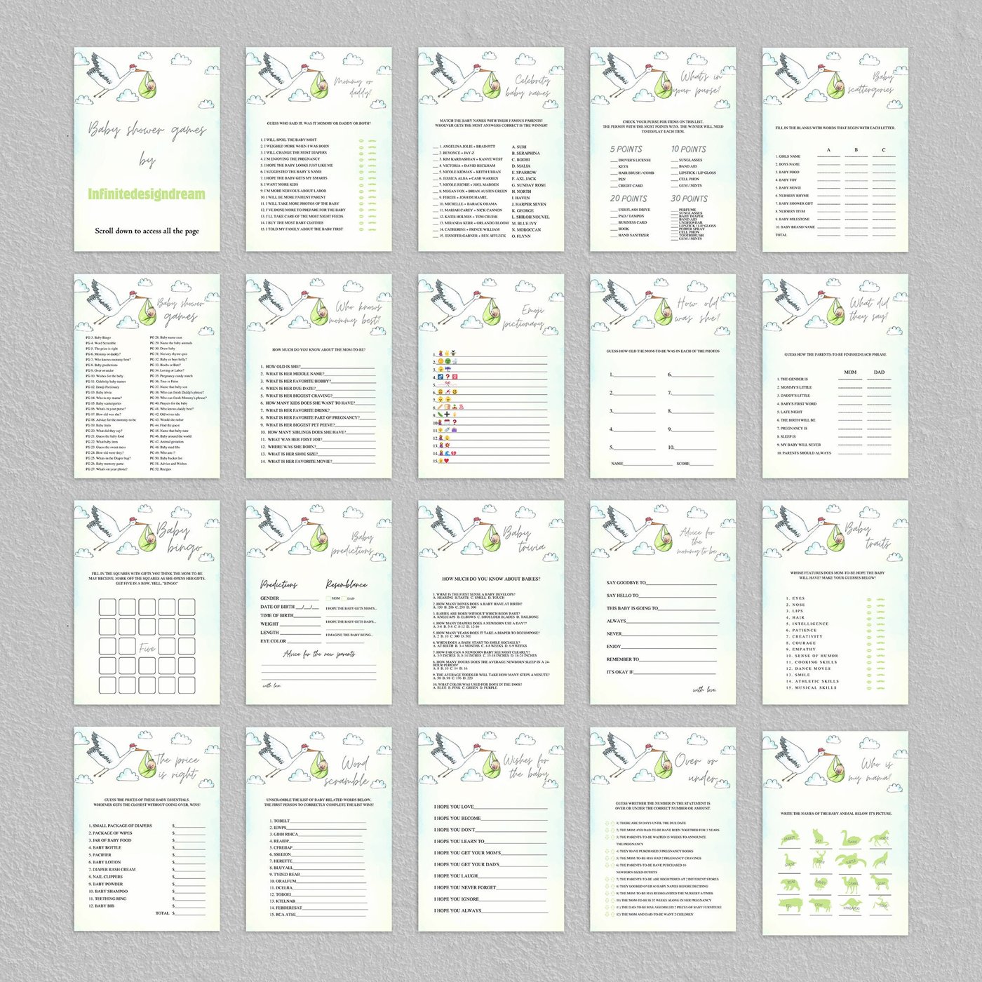 60 Printable Stork Baby Shower Games Bundle, Special delivery baby shower games, Stork with baby in blanket, Gender Neut