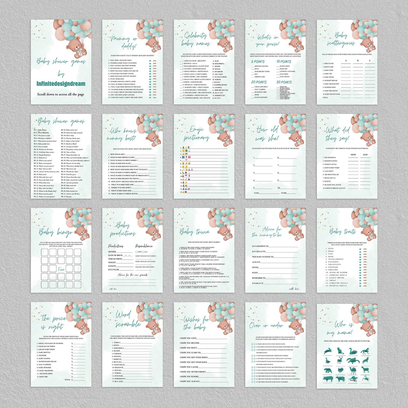 Teddy Bear Baby Shower Games Printable, Editable Baby Shower Games Bundle, Baby Shower Games, Green balloon baby shower