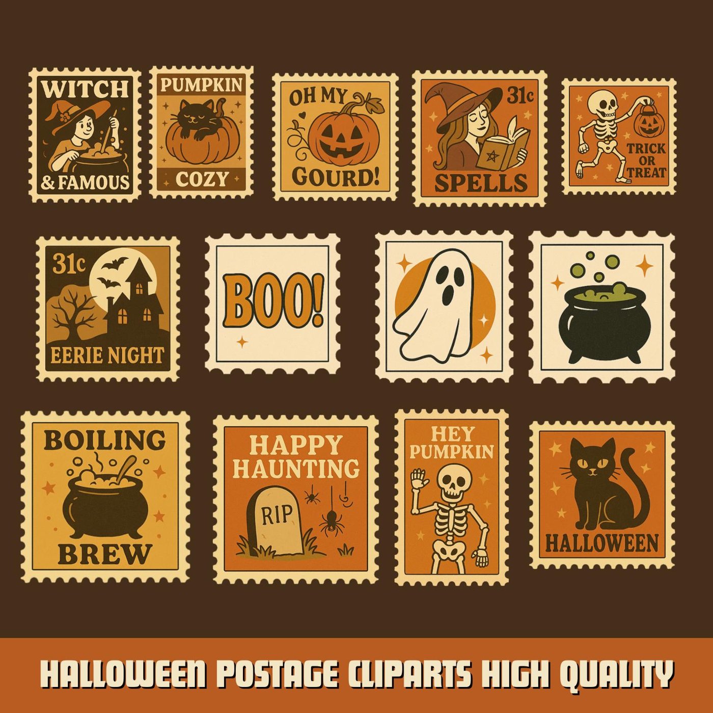 50+ Vintage Halloween Postage Stamp Clipart | halloween sublimation | spooky Retro Halloween | halloween svg halloween c