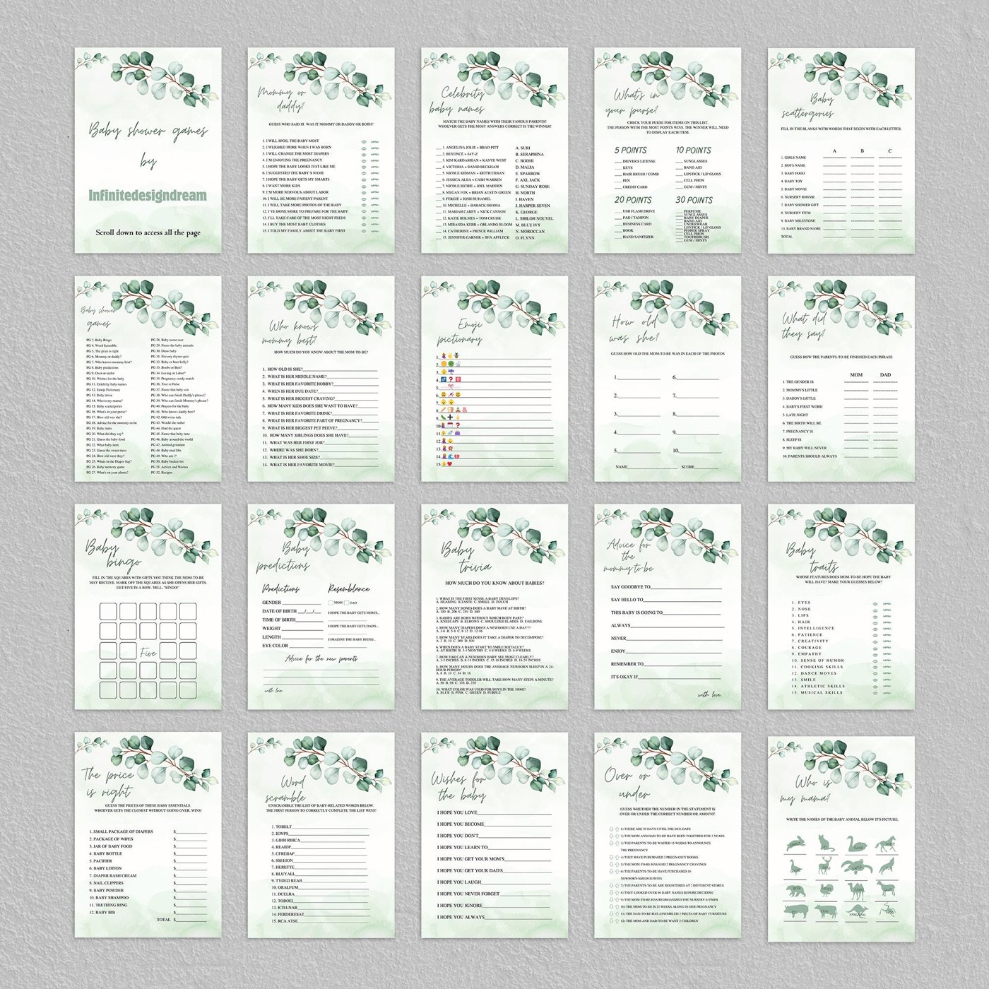 Eucalyptus Baby Shower Game, Greenery Baby Shower Game Bundle, 70 Baby Shower Games Included, Printable Game Package 122