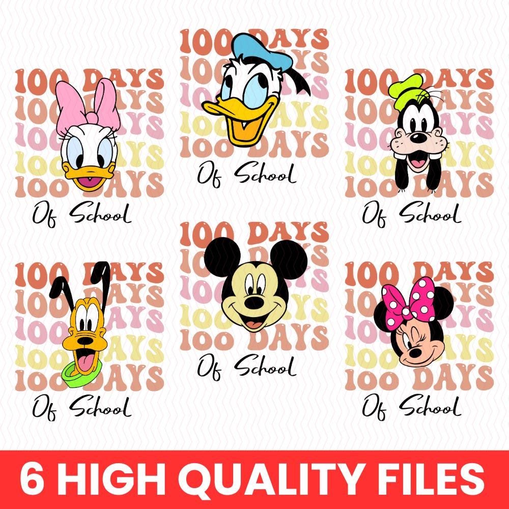 Retro Mikey mouse Happy 100 Days Of School Png Bundle , Cartoon Character Of School Svg, 100 Days Brighter, mikey and fr