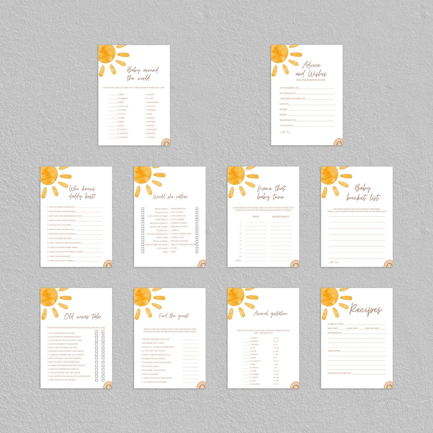 Editable Sun Baby Shower Games Bundle, Here comes the sun baby shower games template, Boho Sunshine Baby Shower Games 12