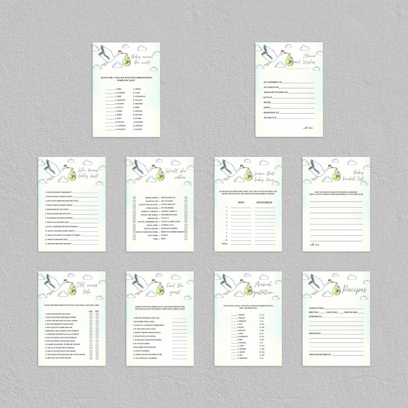 60 Printable Stork Baby Shower Games Bundle, Special delivery baby shower games, Stork with baby in blanket, Gender Neut