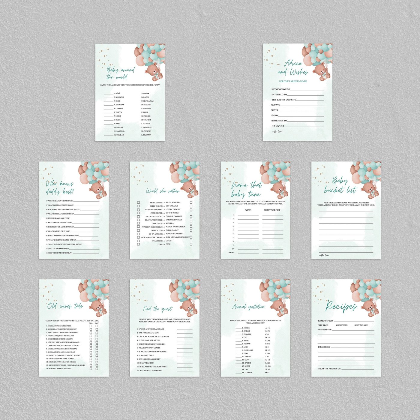 Teddy Bear Baby Shower Games Printable, Editable Baby Shower Games Bundle, Baby Shower Games, Green balloon baby shower