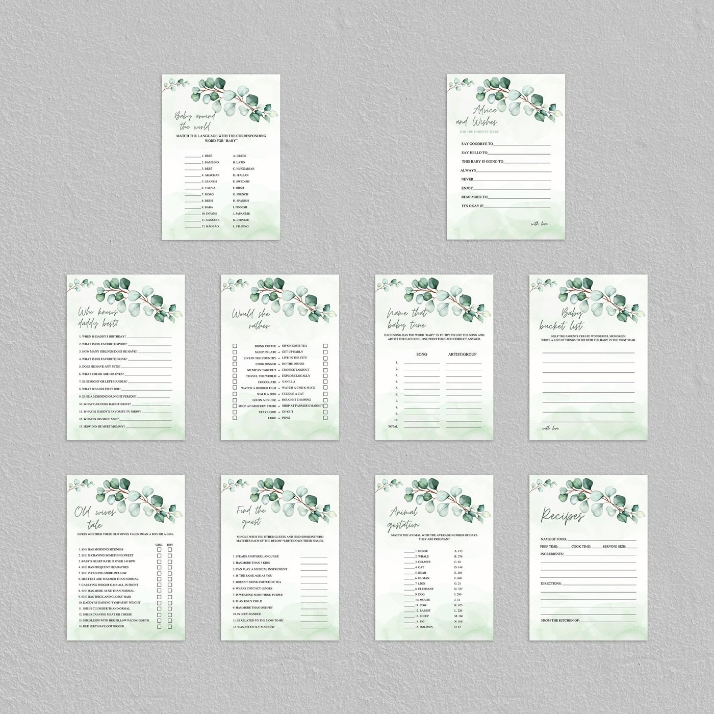 Eucalyptus Baby Shower Game, Greenery Baby Shower Game Bundle, 70 Baby Shower Games Included, Printable Game Package 122