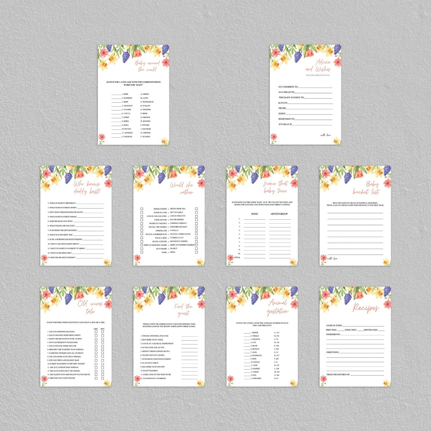 Editable Baby in Bloom Baby Shower Game Bundle, Spring Flowers Baby Shower Game Pack, Wildflower Baby Shower Games 1219