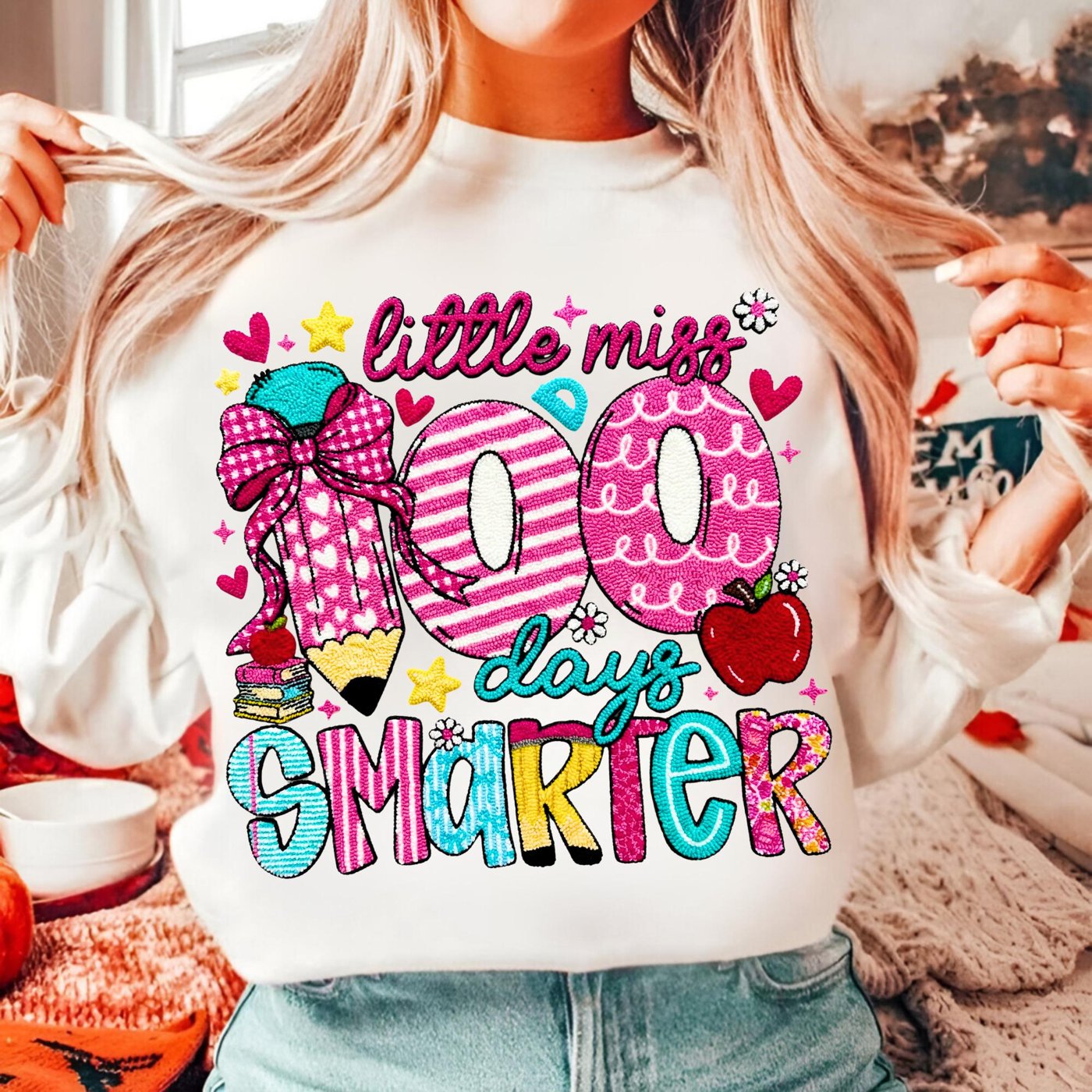 Little miss 100 days smarter Faux Yarn Crochet PNG, Latch Hook Yarn happy 100 days png, 100 school days, Teacher 100 Day
