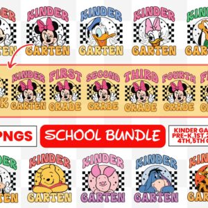 Retro Mickeyy mouse Back to School Bundle, Kindergarten, First Day Of School png, Winniee bear and friends, First/Second