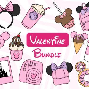 Valentine Magic World Pink Clipart bundle - Carnival Clipart - Carnival Items - Park Snacks Food , Mickeyy Minniee Mouse