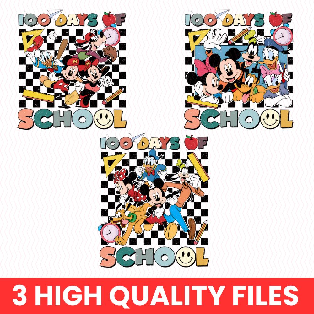 Retro Mikey mouse Happy 100 Days Of School Png Bundle , Cartoon Character Of School Svg, 100 Days Brighter, mikey and fr